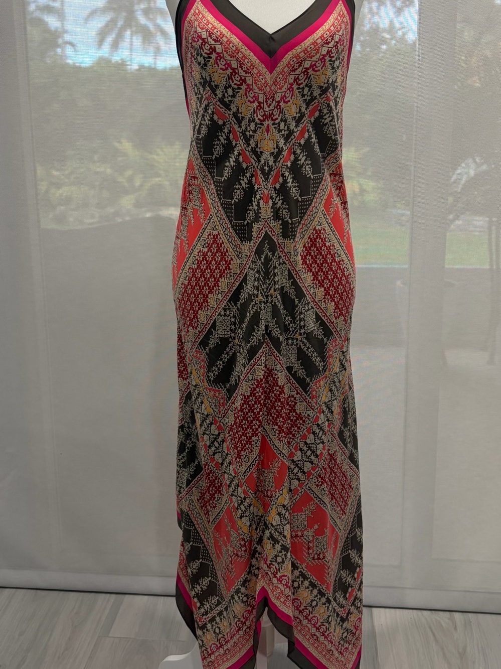 ZoZo Patterned V-Neck Maxi Scarf Dress in Coral